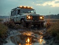 rugged car splashes through a muddy trail at sunset Royalty Free Stock Photo