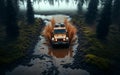 rugged car splashes through a muddy trail at sunset Royalty Free Stock Photo