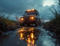 rugged car splashes through a muddy trail at sunset Royalty Free Stock Photo