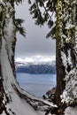 Rugged cliff and some water between two snow covered trees at Crater Lake Oregon Royalty Free Stock Photo