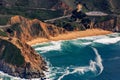 Rugged cliffs by the Devil`s Slide bunker and Gray Whale Beach in San Mateo County, Northern California fly from San Francisco USA