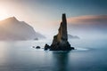 A rugged coastal sea stack rising dramatically from the ocean, shaped by the relentless waves