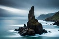 A rugged coastal sea stack rising dramatically from the ocean, shaped by the relentless waves