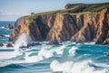 The rugged coastline is battered by the relentless force of crashing waves, sculpting magnificent cliffs and creating a Royalty Free Stock Photo