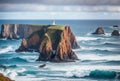 The rugged coastline stands defiant against the relentless assault of crashing waves, its towering cliffs bearing Royalty Free Stock Photo