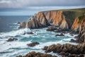 The rugged coastline stands defiant against the relentless assault of crashing waves, its towering cliffs bearing Royalty Free Stock Photo