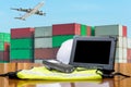 Rugged computers tablet checking containers for logistic concept Royalty Free Stock Photo