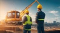 Rear view of construction worker watching excavator hauling earth at project site. Generative AI Royalty Free Stock Photo