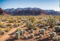 A rugged desert landscape with parched cracked earth, punctuated by the resilient presence of cacti, standing tall Royalty Free Stock Photo