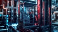 A rugged edge computing device connected to a heavyduty forklift adorned with LEDs in various colors. The foreground