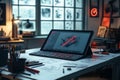 Rugged graphics tablet on a desk surrounded by sketch materials in a well-lit creative workspace during evening hours Royalty Free Stock Photo