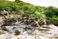 Rugged landscape at Malin Head, County Donegal, Ireland. Beach with cliffs, green rocky land with sheep on foggy cloudy Royalty Free Stock Photo