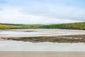 Rugged landscape at Malin Head, County Donegal, Ireland. Beach with cliffs, green rocky land with sheep on foggy cloudy Royalty Free Stock Photo