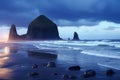 Rugged landscape of Reynisfjara Beach, Iceland, Cannon Beach Dusk Solitude. Evening twilight at Haystack Rock in Cannon Beach, Royalty Free Stock Photo