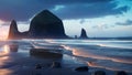 Rugged landscape of Reynisfjara Beach, Iceland, Cannon Beach Dusk Solitude. Evening twilight at Haystack Rock in Cannon Beach,