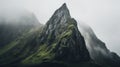 Rugged mountain peak enveloped in thick mist