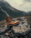 Old hiking boots on a rock in the mountains. Travel concept. Royalty Free Stock Photo