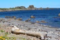 Rugged rocks jut out into the calm sea at a deserted beach on the Cook Strait near Wellington, New Zealand Royalty Free Stock Photo