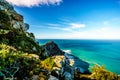 Rugged rocks and steep cliffs of Cape Point in the Cape of Good Hope Nature Reserve Royalty Free Stock Photo