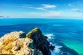 Rugged rocks and steep cliffs of Cape Point in the Cape of Good Hope Nature Reserve Royalty Free Stock Photo
