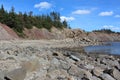 A rocky beach in Judique Nova Scotia with the shoreline eroding in places and under construction after a hurricane passed through