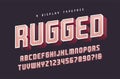 Rugged vector stylish 3d display typeface, font, uppercase letters and numbers, alphabet, typography.