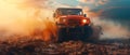 Rugged 4x4 Dominates Terrain Amidst a Dusty Sunset. Concept Off-road Adventure, Extreme Terrain,