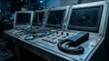 Ruggedized Communication Console - Cracked Monitors and Radio Handset (Technology, Infrastructure, Decay, Industrial) Royalty Free Stock Photo