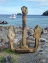 Ruin of anchor on White Island in New Zealand with tourist boat in the background Royalty Free Stock Photo