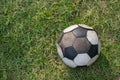 Ruin soccer ball or football on green grass by top view Royalty Free Stock Photo