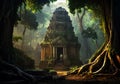 ruin of a temple in the middle of very lush tropical jungle realistic illustration