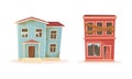 Ruined and abandoned buildings set. Old damaged city buildings cartoon vector illustration