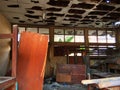 Photo ruined abandoned class room with desks and blackboards at school