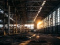 Ruined and abandoned dark creepy factory house building inside, industrial warehouse hall waiting for demolition Royalty Free Stock Photo