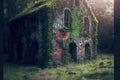 ruined abandoned house with brick walls covered with moss and grass