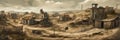 A Ruined And Abandoned Town Panoramic Background. Generative AI