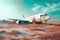 Ruined airport with abandoned plane in neon colors, post apocalyptic
