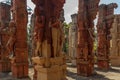 Ruined ancient men and women sculptures on multiple pillars, Chennai, Tamilnadu, India, Jan 29 2017