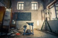 Ruined board with a desk in an abandoned old school.