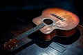 A ruined broken acoustic guitar abandoned on a stage Royalty Free Stock Photo