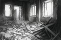 Ruined building interior with debris and broken windows in grayscale illustration AI Generative Royalty Free Stock Photo