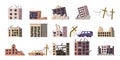 Ruined building set. Buildings after earthquake. Cartoon abandoned flat style isolated city elements, collapsed and