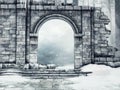 Ruined castle gate with snow