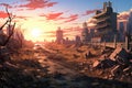 Ruined city street sunset anime visual novel game. Generate Ai Royalty Free Stock Photo