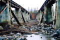 Ruined, Collapsed Bridge With Crumbling Pillars And Broken Cables. Generative AI Royalty Free Stock Photo