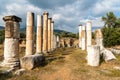 Ruined columns of Ionic double colonnade stoa in Agora market place area of Nysa ancient city in Aydin province of Turkey