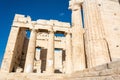 Ruined columns of the Propylaea monumental gateway to the Acropolis of Athens in Greece