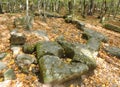 Ruined compound dolmen. Dolmen group `Zhane II`. Krasnodar region, Russia Royalty Free Stock Photo