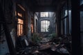 ruined factory with broken windows and debris scattered about, hiding dark secrets