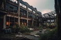 ruined factory with broken windows and debris scattered about, hiding dark secrets